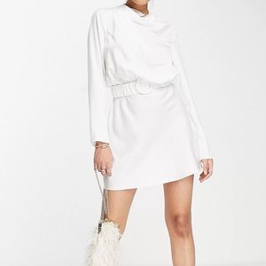 Drape high neck satin long sleeve mini dress w/ scrunchie belt Size 8